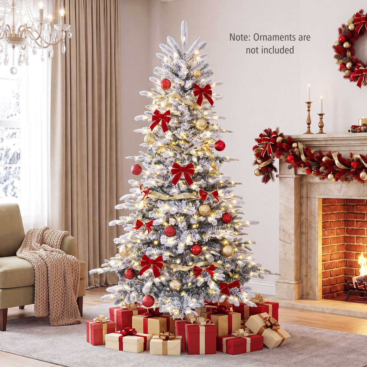 Pre-Lit Snow Flocked Artificial Christmas Tree with Easy-Setup Hinges for Holiday-6FT