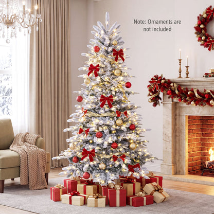 Pre-Lit Snow Flocked Artificial Christmas Tree with Easy-Setup Hinges for Holiday-6FT