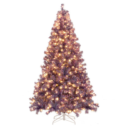 Pre-Lit Tinsel Christmas Tree Artificial Xmas Tree with Lush Branch Tips and Warm White LED Lights-S