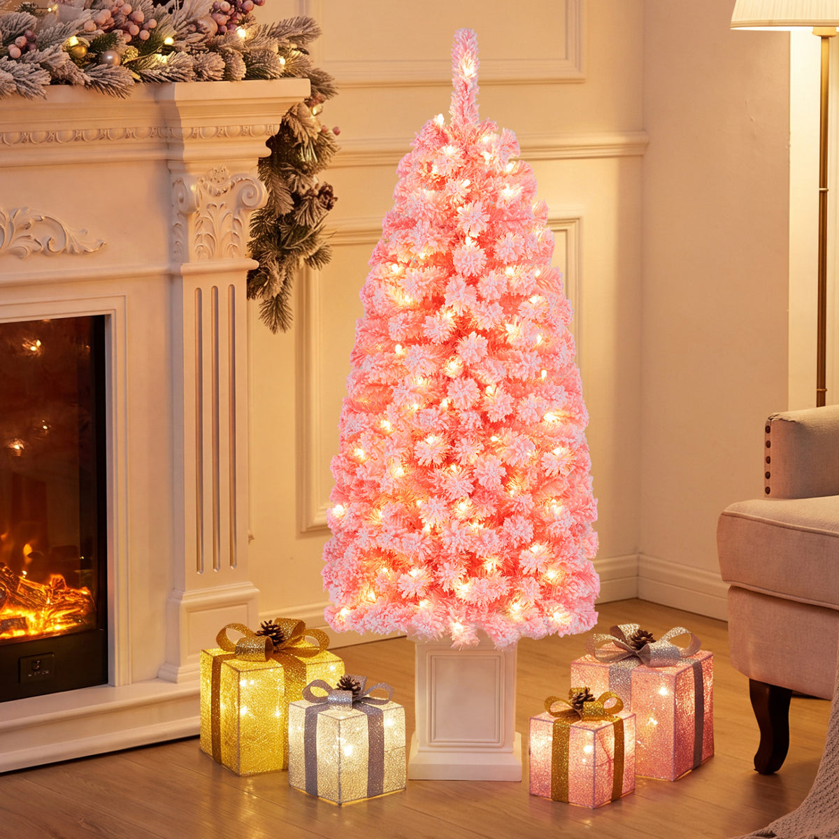 Pre-lit Potted Artificial Christmas Tree with 100/130 Warm White LED Lights-4FT