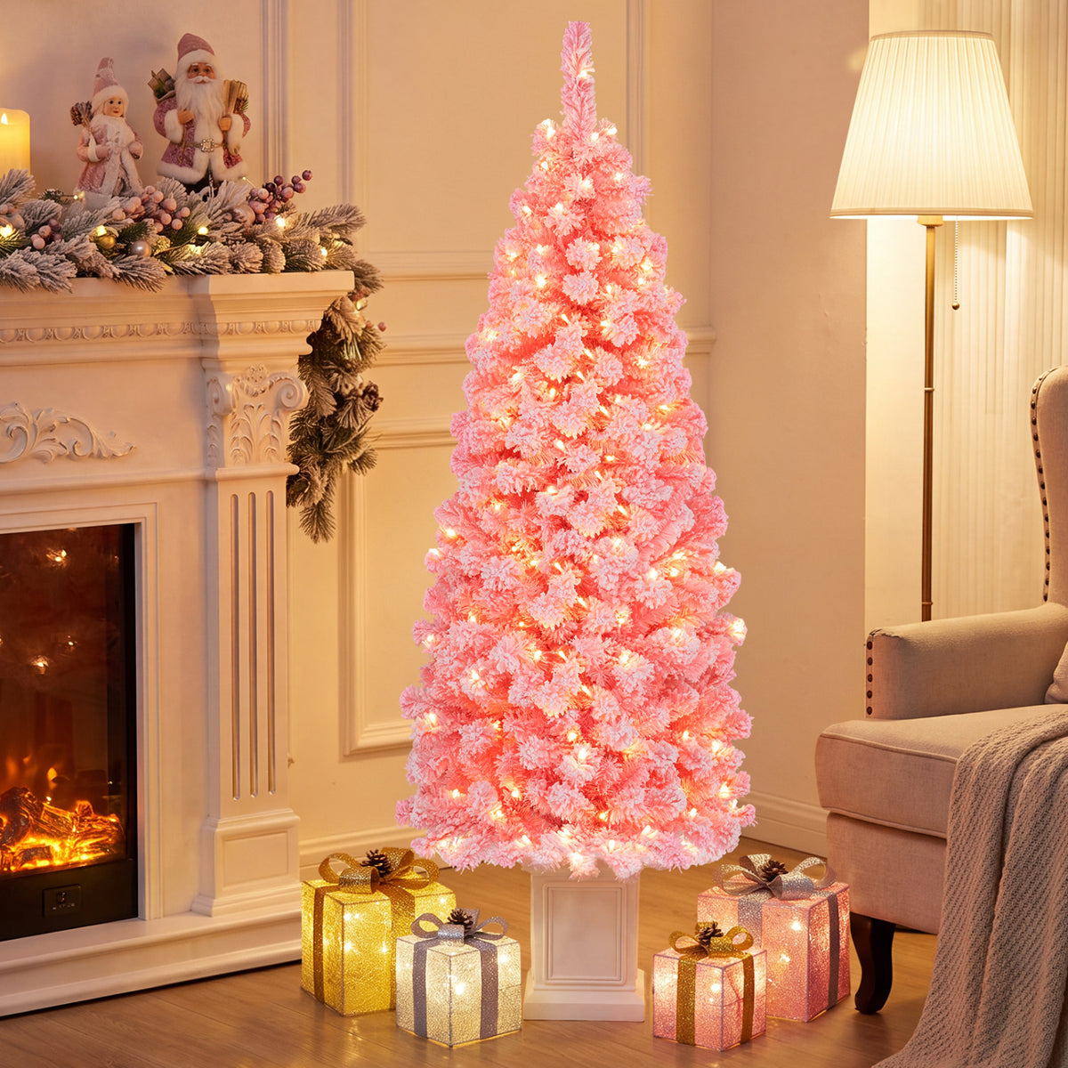 Pre-lit Potted Artificial Christmas Tree with 100/130 Warm White LED Lights-5FT