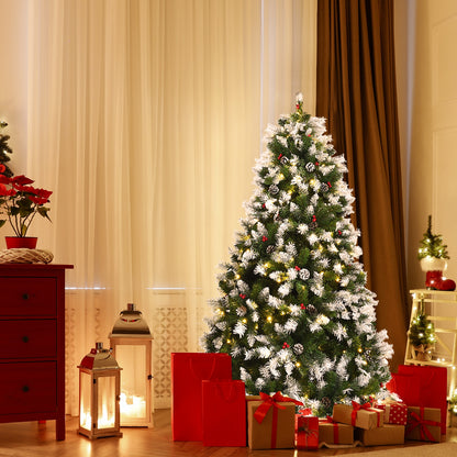 Pre-lit Snow Flocked Christmas Tree with Red Berries and LED Lights-6 Feet