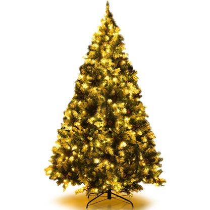Pre-lit Snow Flocked Christmas Tree with Red Berries and LED Lights-6 Feet