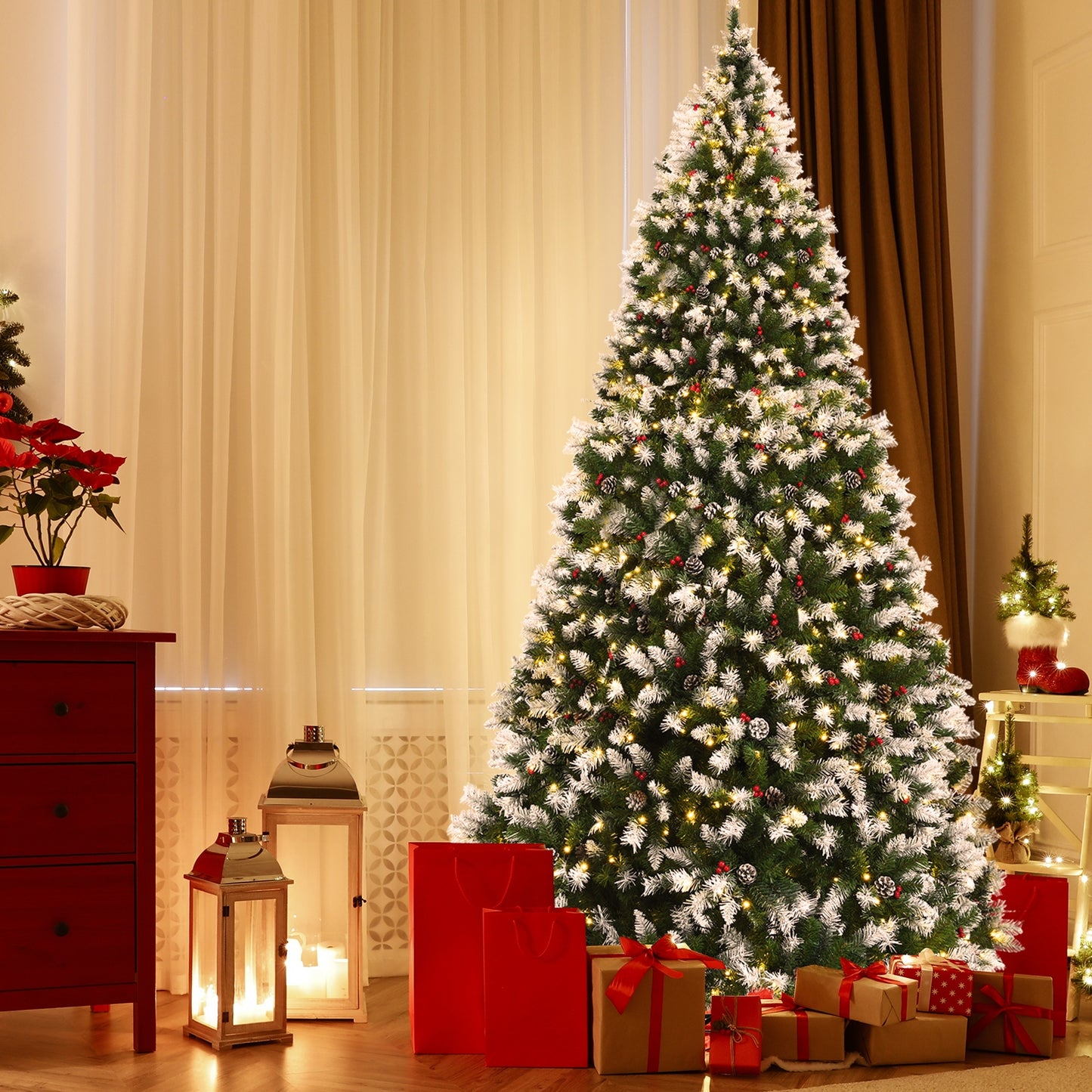 Pre-lit Snow Flocked Christmas Tree with Red Berries and LED Lights-9 Feet