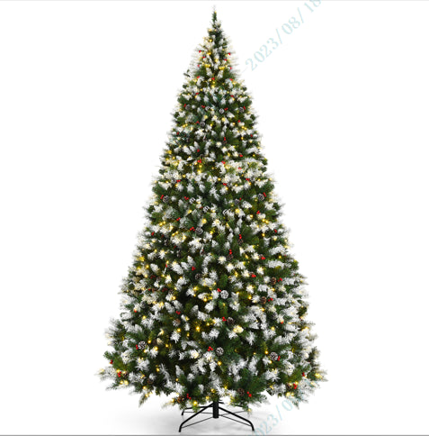 Pre-lit Snow Flocked Christmas Tree with Red Berries and LED Lights-9 Feet