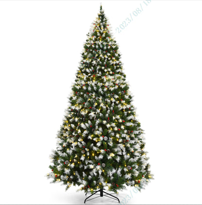 Pre-lit Snow Flocked Christmas Tree with Red Berries and LED Lights-9 Feet