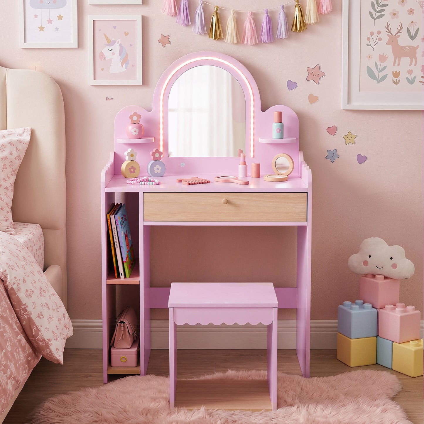 Pink pretend makeup dressing table set with 2 small shelves and compartments for kids, ideal for toddler and kids vanity play.