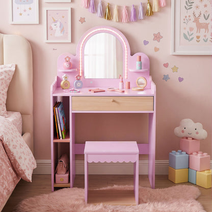 Pink pretend makeup dressing table set with 2 small shelves and compartments for kids, ideal for toddler and kids vanity play.