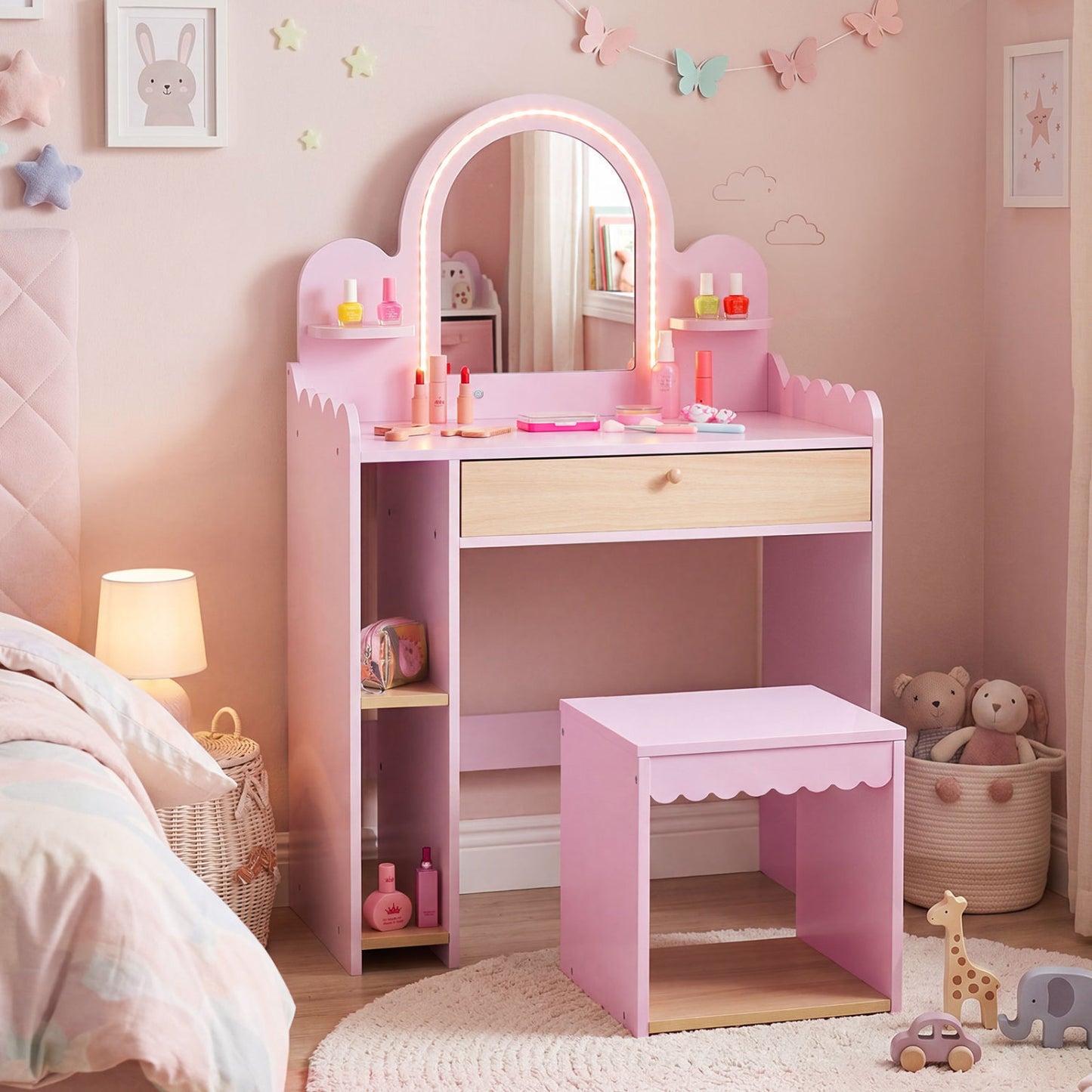 Pink pretend makeup dressing table set for kids with two small shelves and compartments, ideal for toddler and kids vanity play.