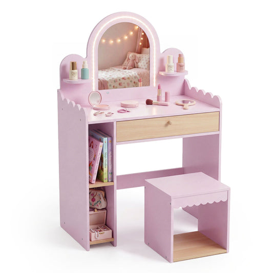 Pink pretend makeup dressing table set for kids with 2 small shelves and compartments, toddler vanity furniture by Wilsons Home Store