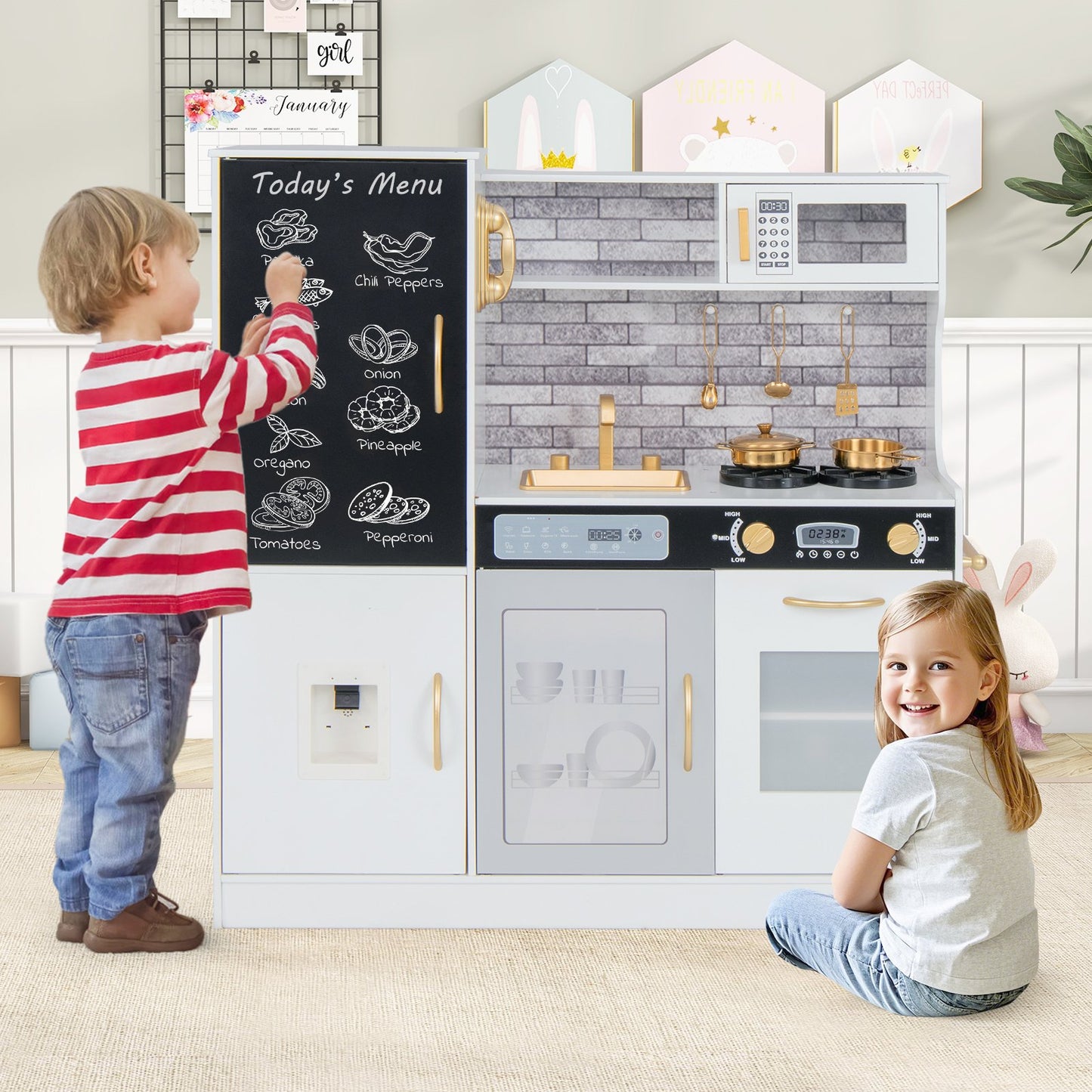Pretend Play Kitchen with Utensils for Kids Aged 3+-Green