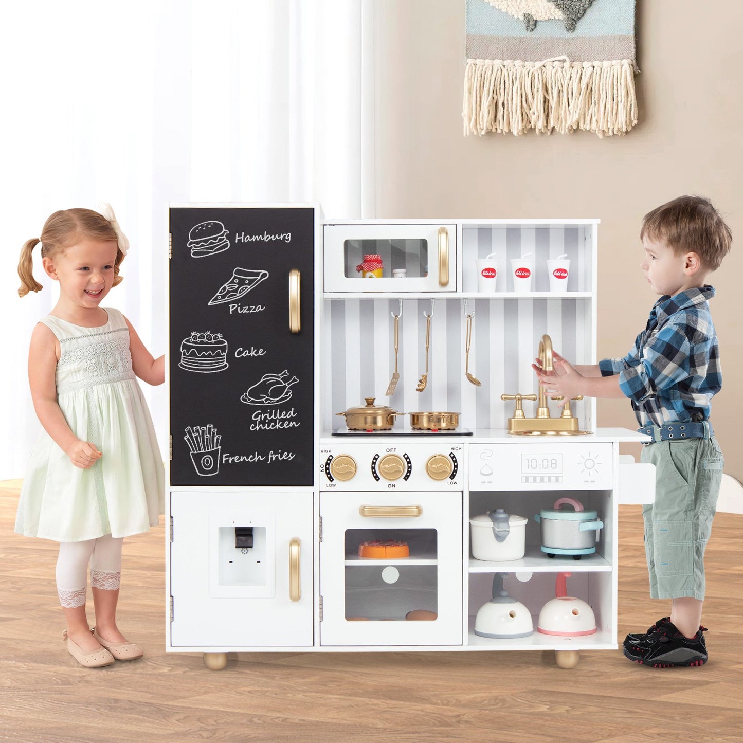 Pretend Play Kitchen for Kids with Real Sounds and Lights-Silver