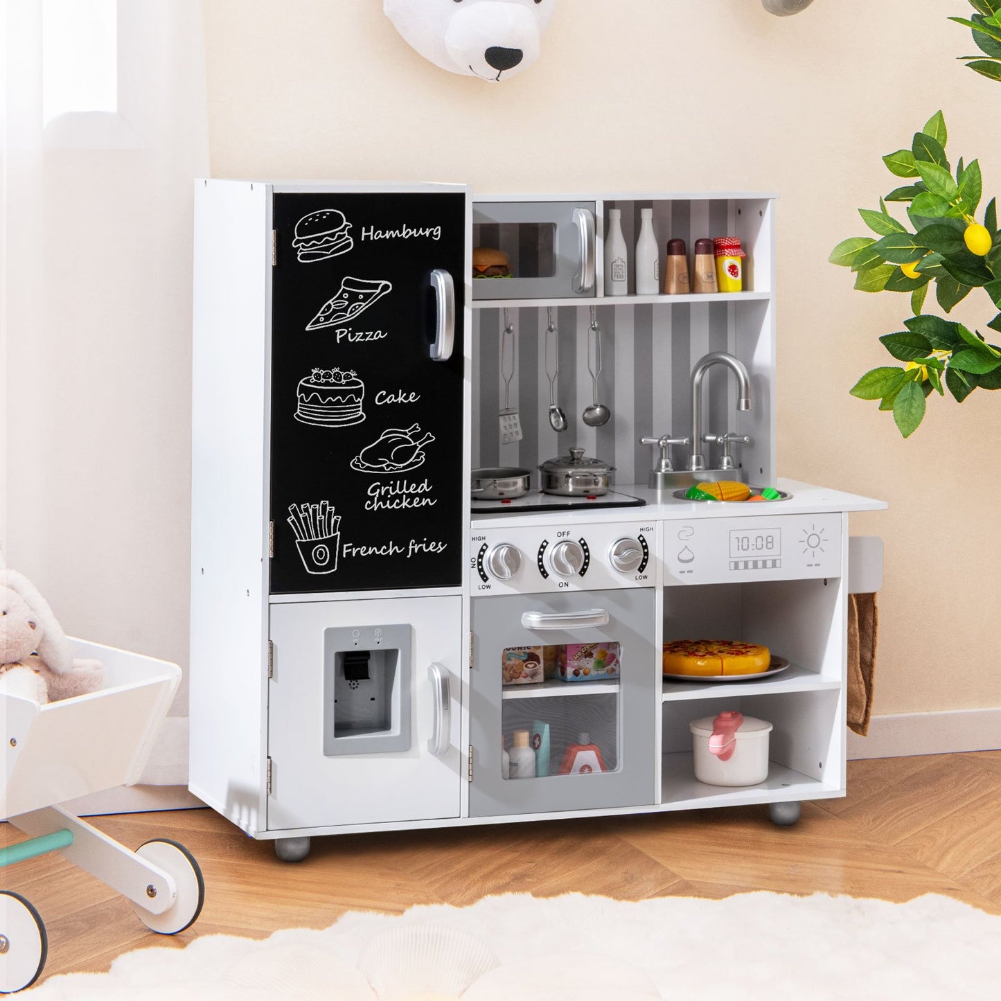 Pretend Play Kitchen for Kids with Real Sounds and Lights-Silver