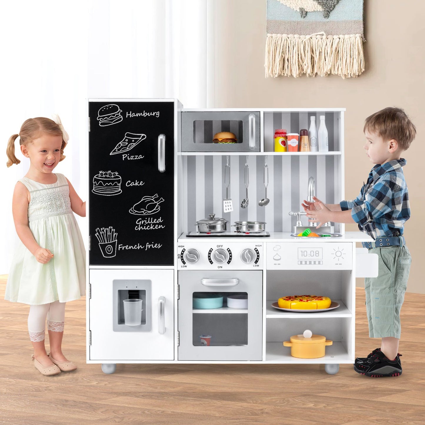 Pretend Play Kitchen for Kids with Real Sounds and Lights-Silver