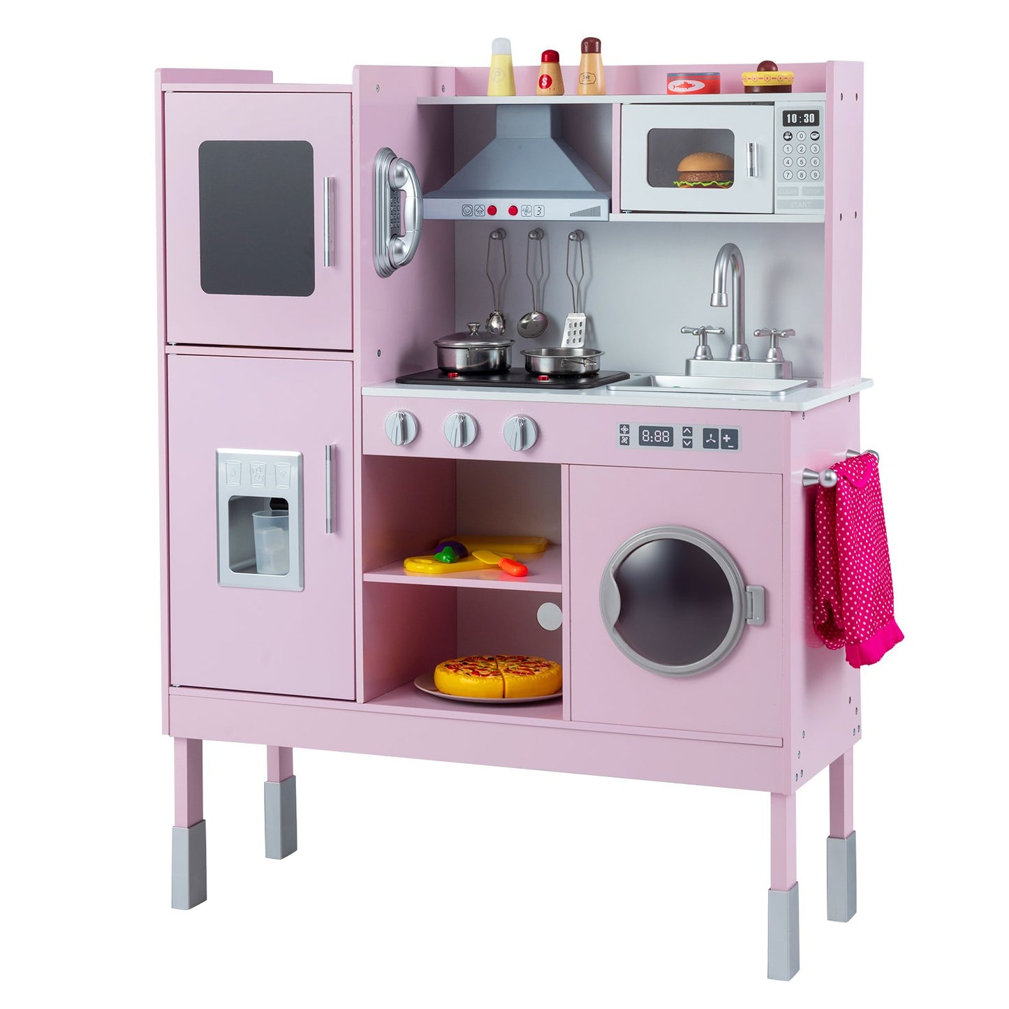 Pretend Play Kitchen Toy Kitchen Playset with Range Hood Ice Maker and Telephone-Light Pink