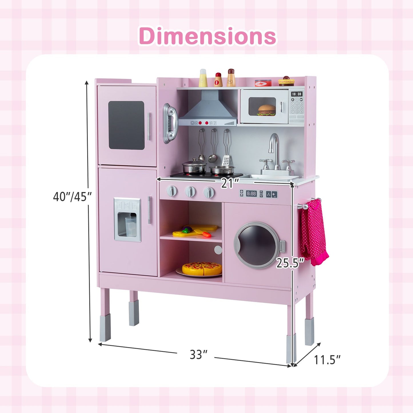 Pretend Play Kitchen Toy Kitchen Playset with Range Hood Ice Maker and Telephone-Light Pink