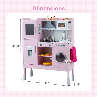 Pretend Play Kitchen Toy Kitchen Playset with Range Hood Ice Maker and Telephone-Light Pink