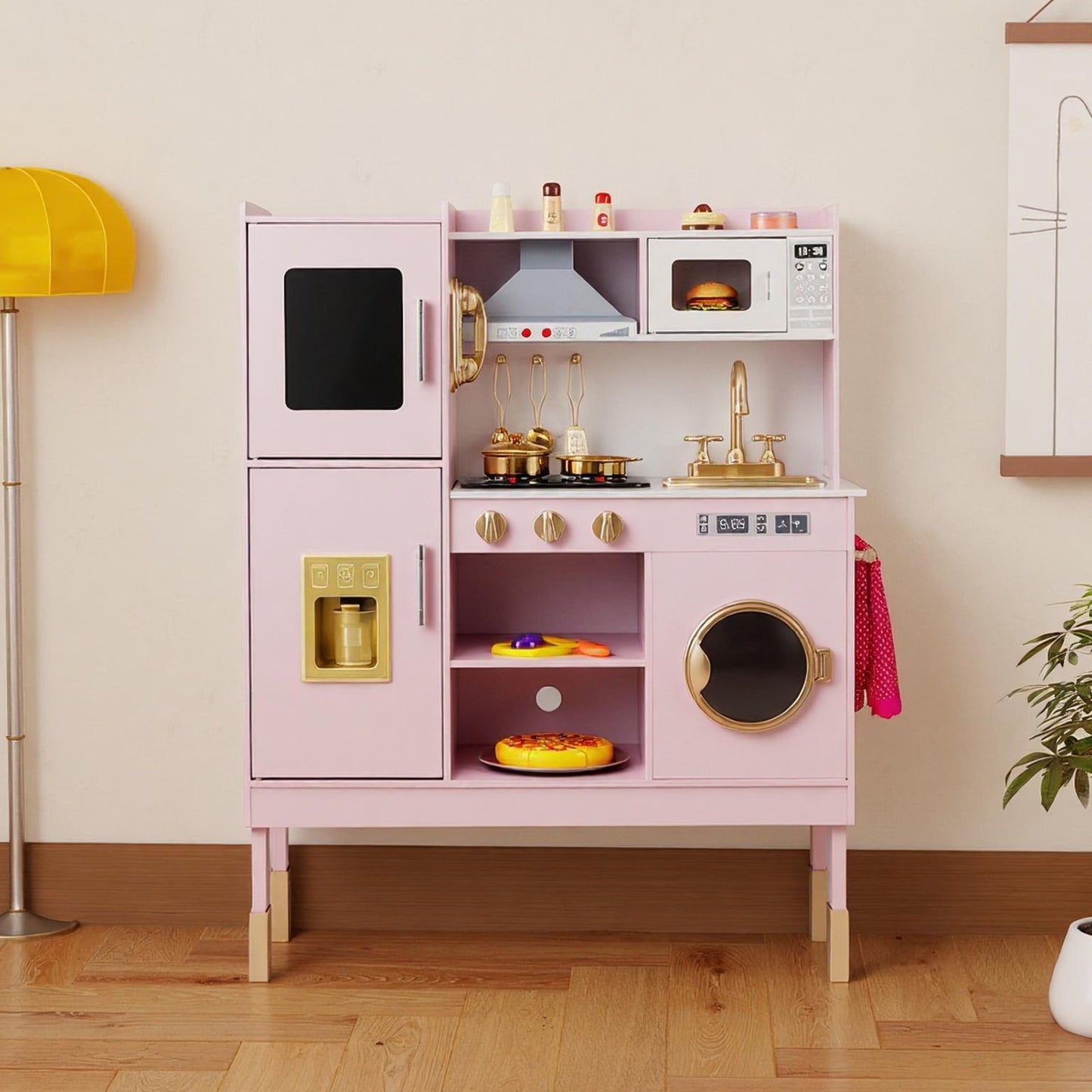 Pretend Play Kitchen Toy Kitchen Playset with Range Hood Ice Maker and Telephone-Light Pink