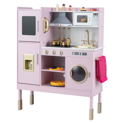 Pretend Play Kitchen Toy Kitchen Playset with Range Hood Ice Maker and Telephone-Light Pink