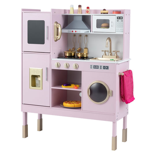 Pretend Play Kitchen Toy Kitchen Playset with Range Hood Ice Maker and Telephone-Light Pink