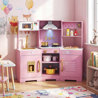 Pretend Play Kitchen Wooden Toy Set with Range Hood Real Sounds and Lights-Pink