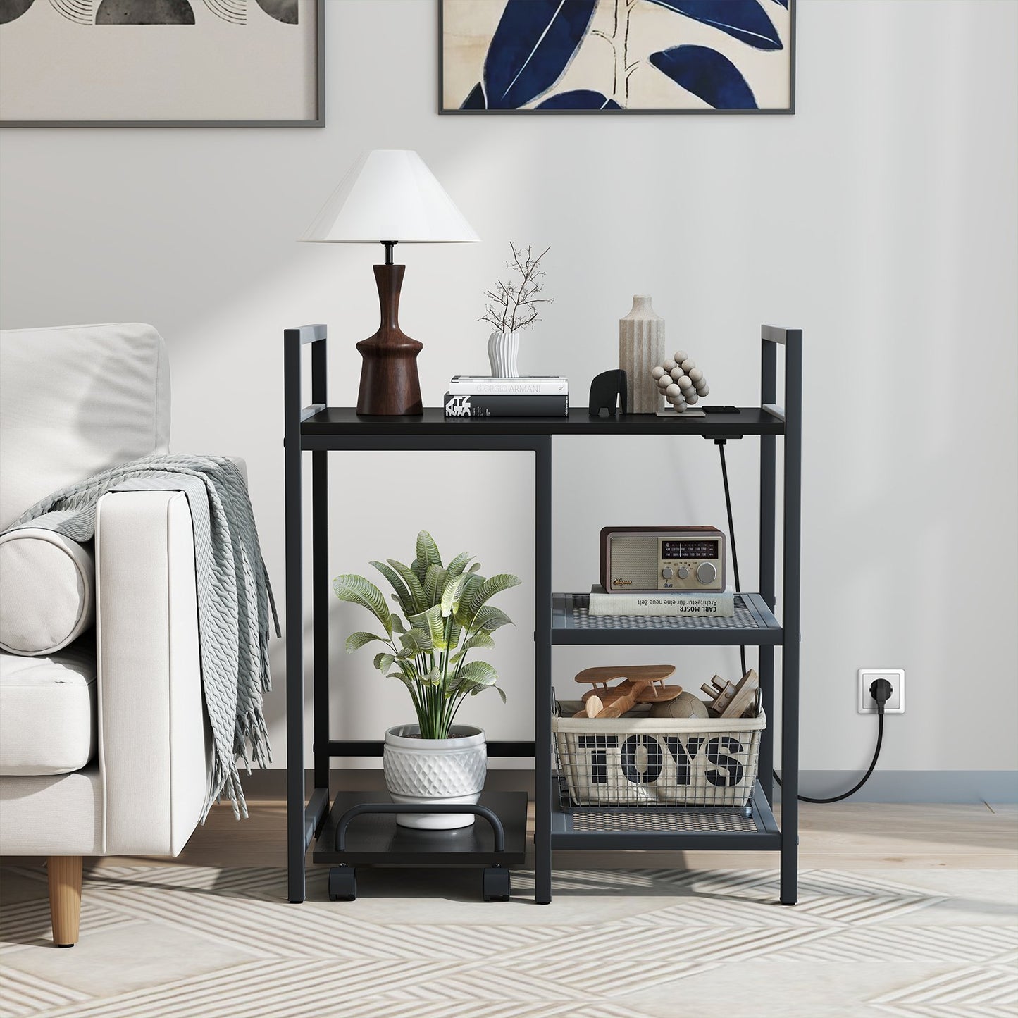 Printer Stand with Charging Station and Storage Shelves-Black