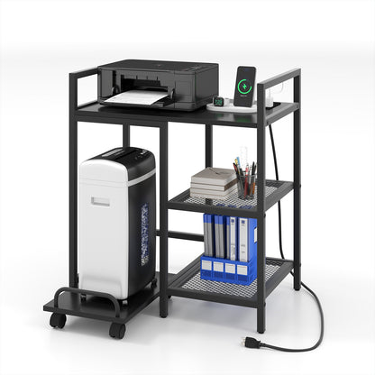 Printer Stand with Charging Station and Storage Shelves-Black