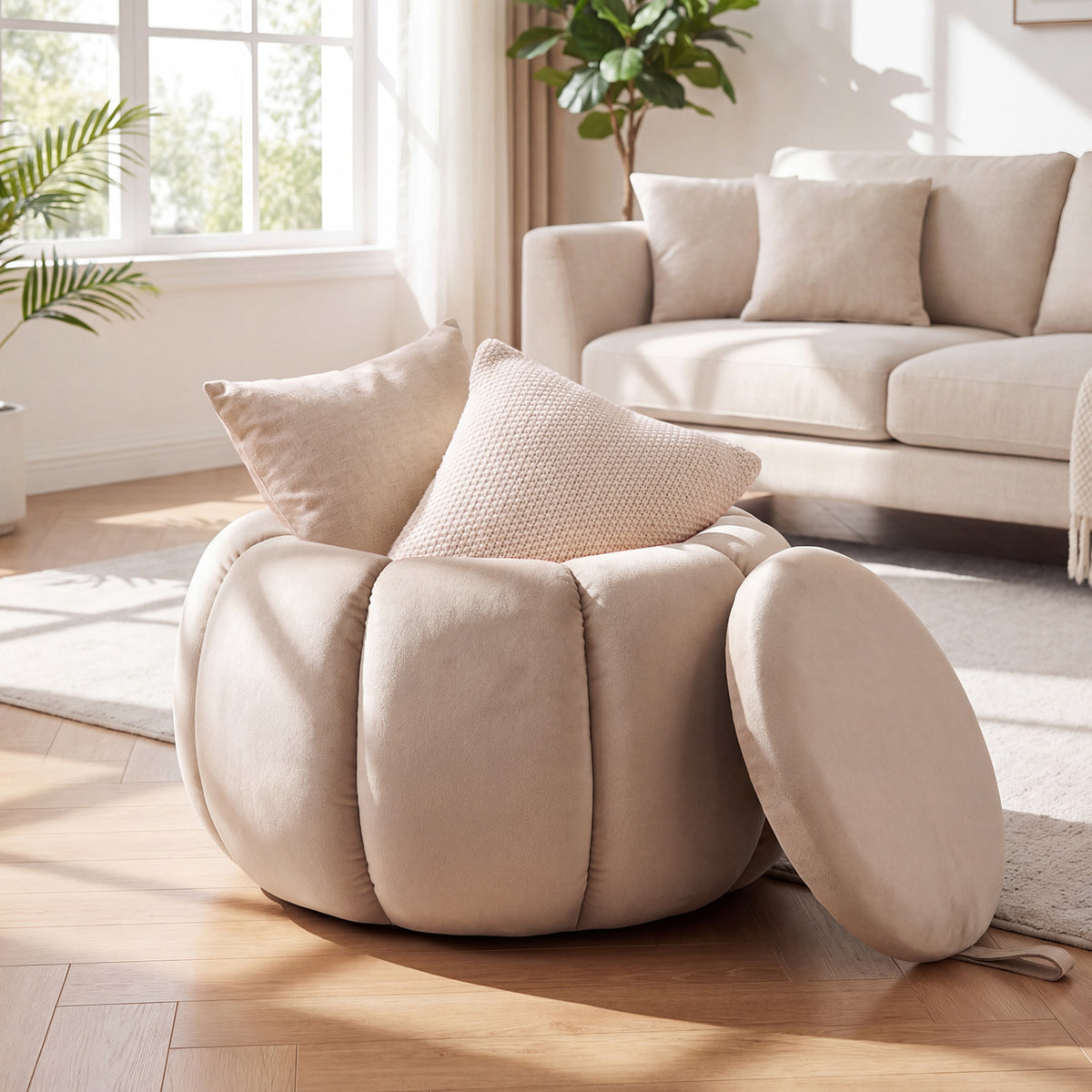 Pumpkin Ottoman with Hidden Storage and Removable Lid-Beige