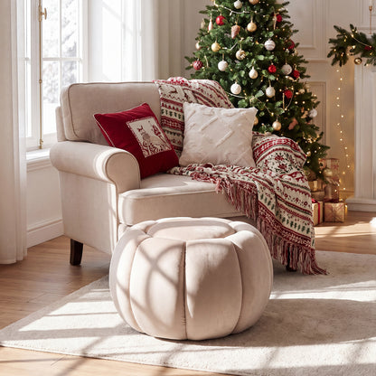 Pumpkin Ottoman with Hidden Storage and Removable Lid-Beige