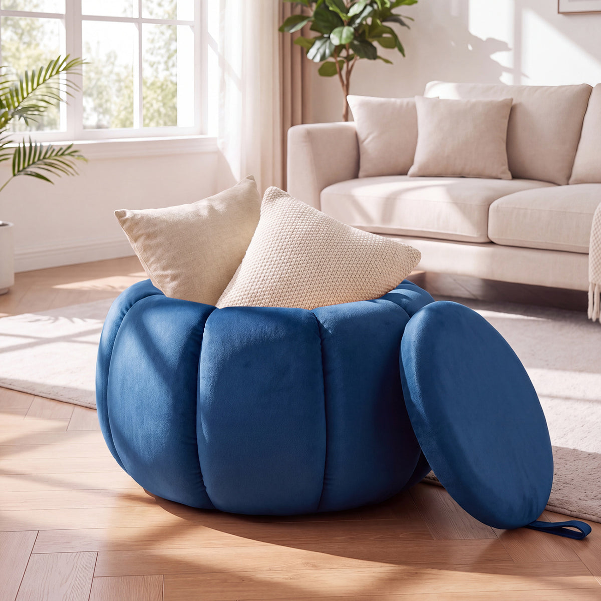 Pumpkin Ottoman with Hidden Storage and Removable Lid-Beige