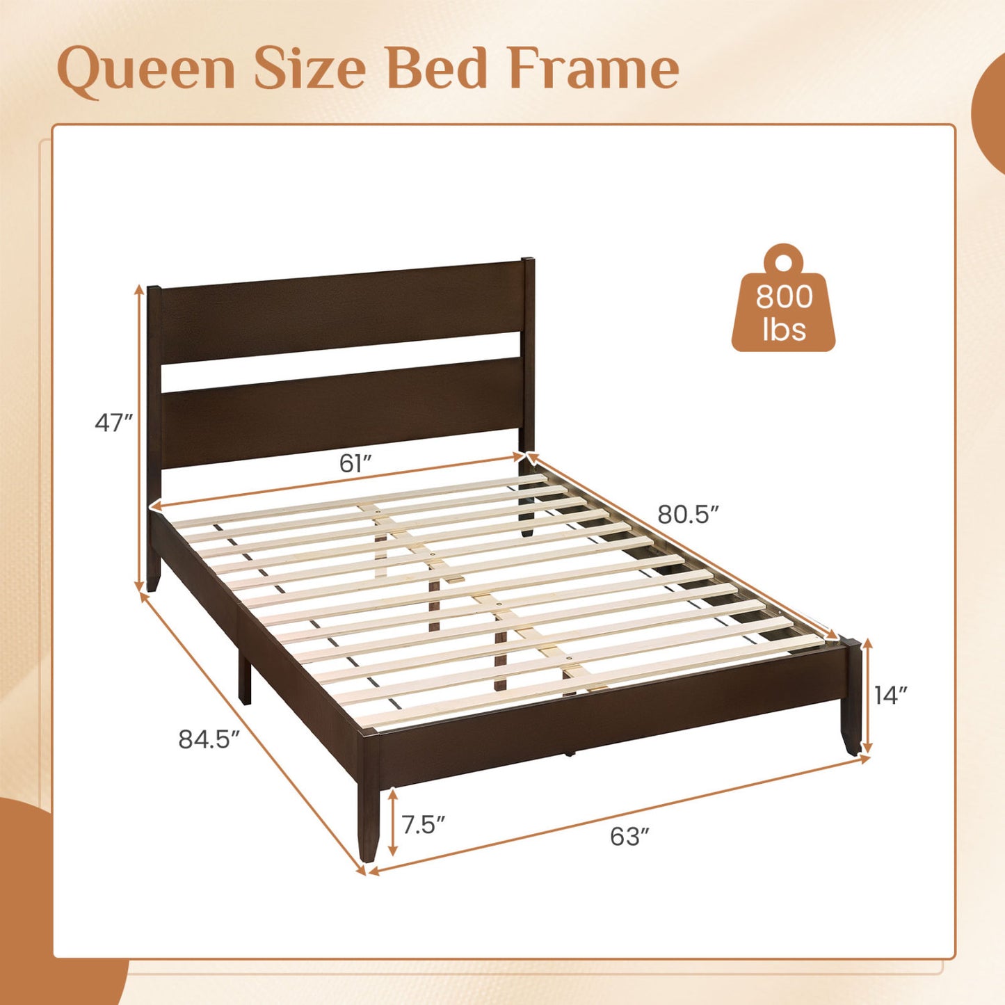 Queen Bed Frame with Headboard and Solid Wood Legs 12 Slats-Warm Brown