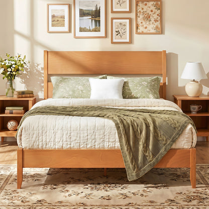 Queen Bed Frame with Headboard and Solid Wood Legs 12 Slats-Warm Brown