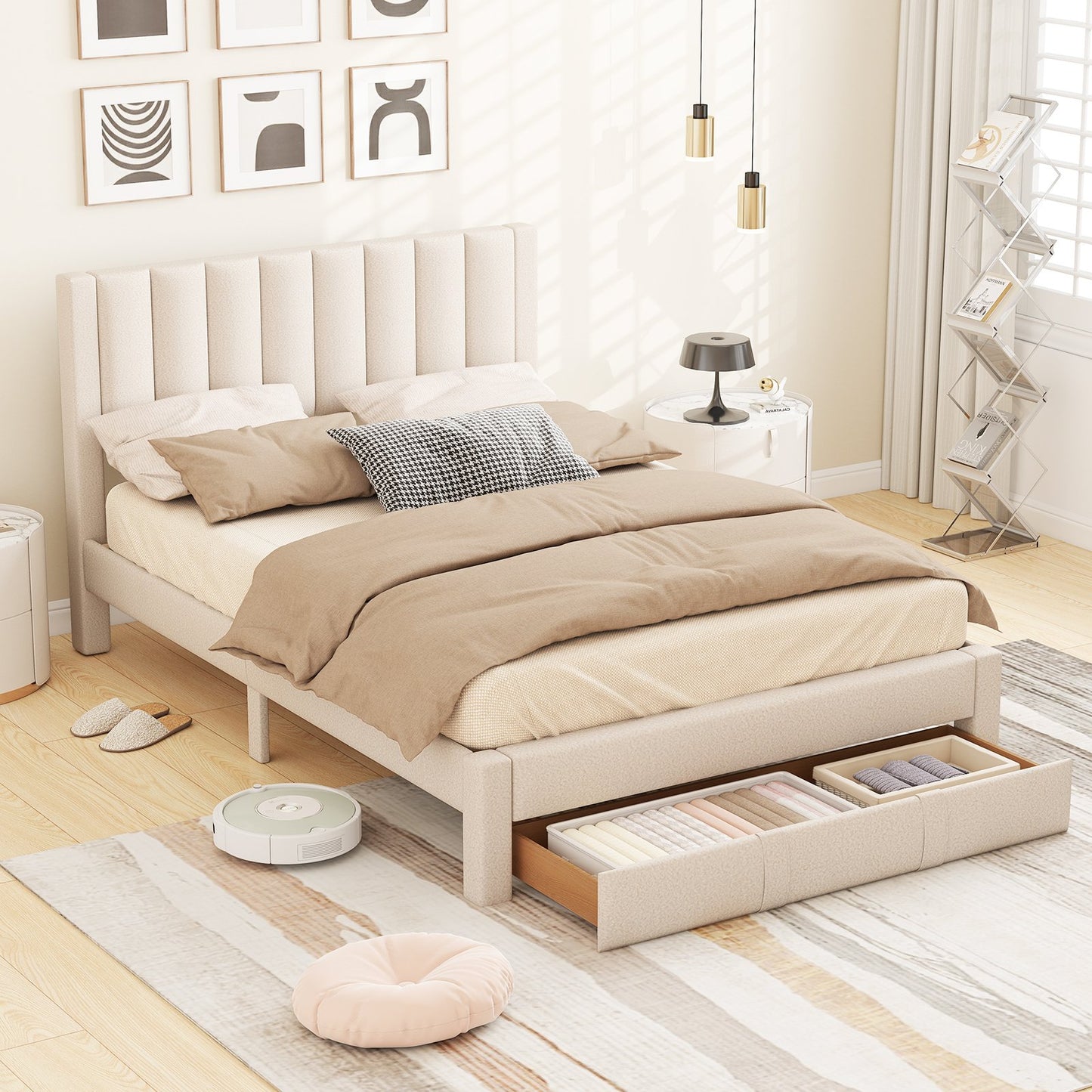 Queen Size Bed Frame with Storage Drawer and Vertical Channel Headboard-Beige