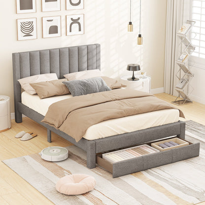 Queen Size Bed Frame with Storage Drawer and Vertical Channel Headboard-Beige