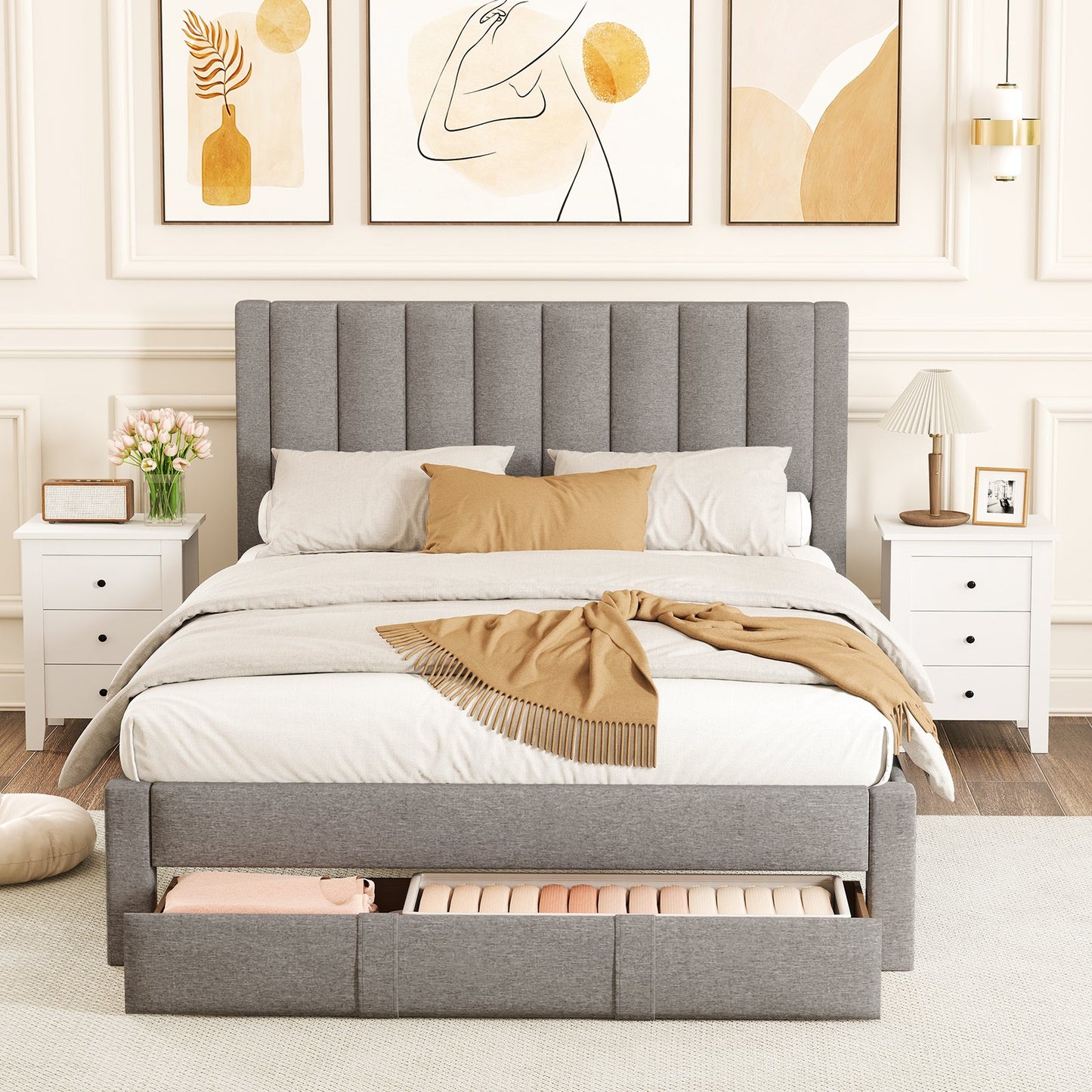 Queen Size Bed Frame with Storage Drawer and Vertical Channel Headboard-Beige