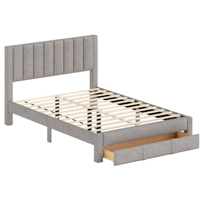 Queen Size Bed Frame with Storage Drawer and Vertical Channel Headboard-Beige