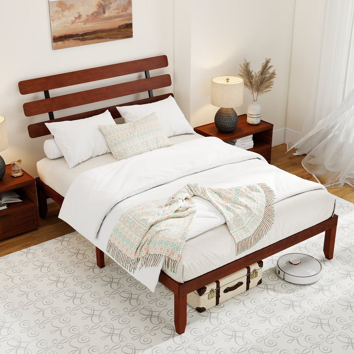 Queen Size Bed Frame 15.5 Inch Solid Wood Platform Bed with Retro Headboard
