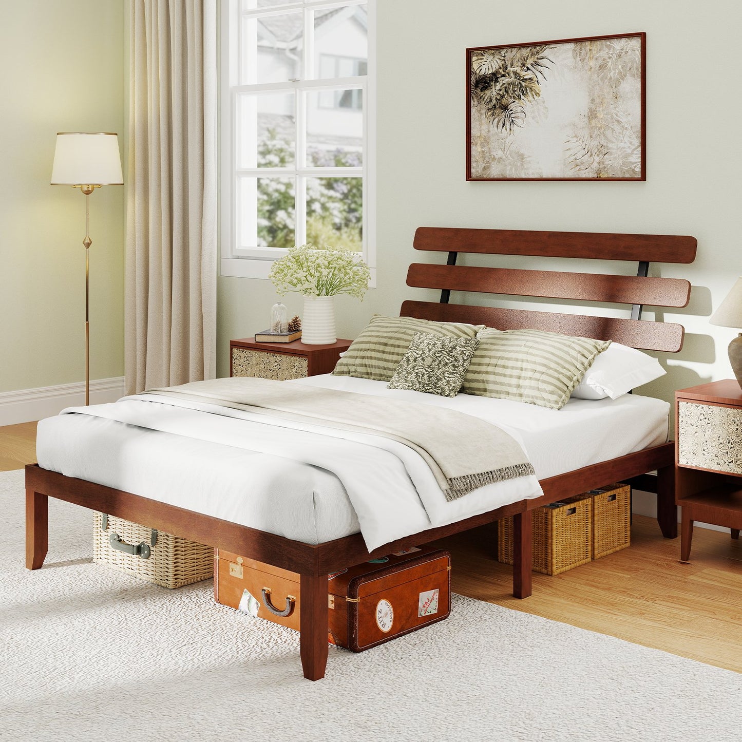 Twin Size Bed Frame 15.5 Inch Solid Wood Platform Bed with Retro Headboard