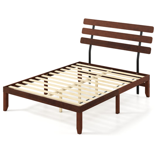 Queen size solid wood platform bed frame with retro headboard, 15.5 inches high, in a bedroom setting.