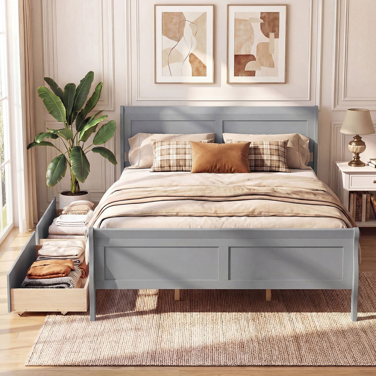 Queen Size Bed Frame with 2 Storage Drawers and Footboard-Gray