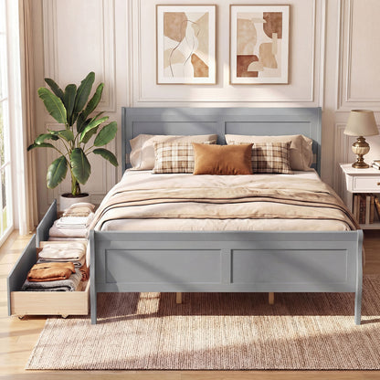 Queen Size Bed Frame with 2 Storage Drawers and Footboard-Gray