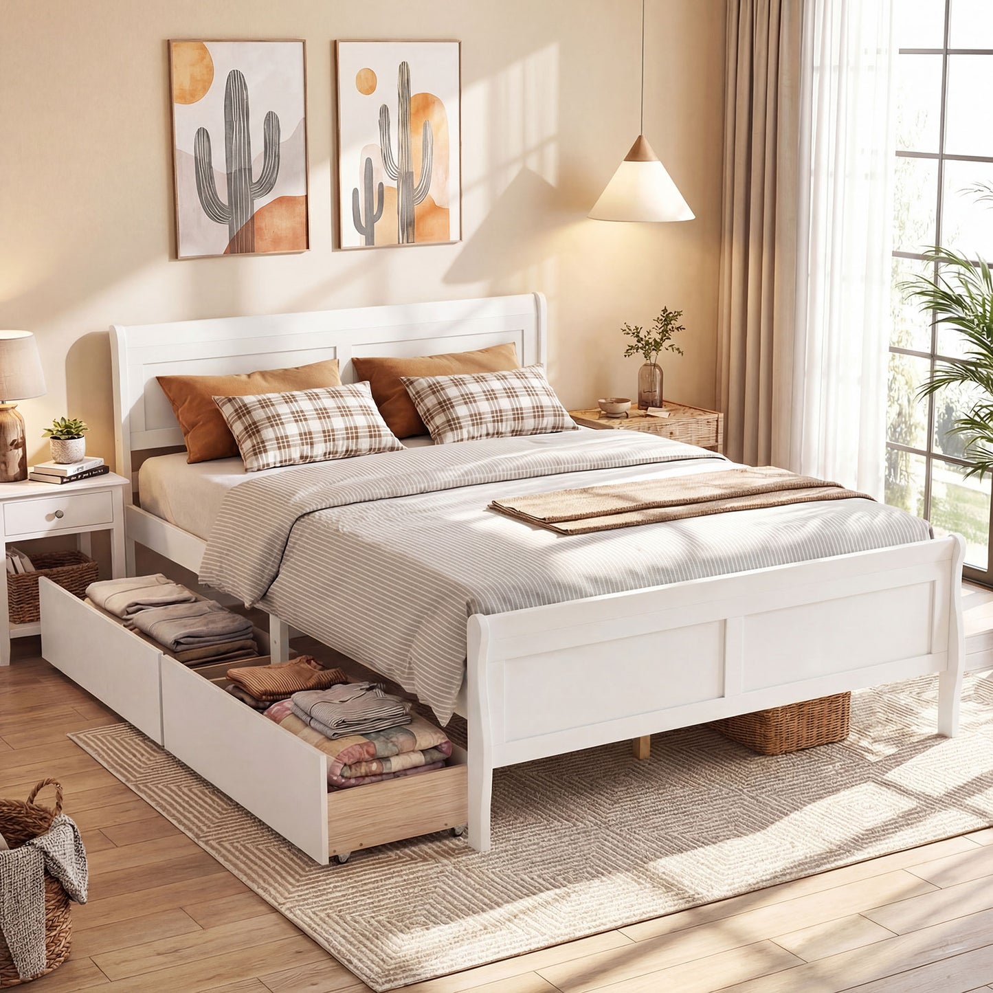 Queen Size Bed Frame with 2 Storage Drawers and Footboard-Gray