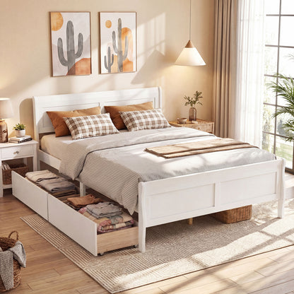 Queen Size Bed Frame with 2 Storage Drawers and Footboard-Gray