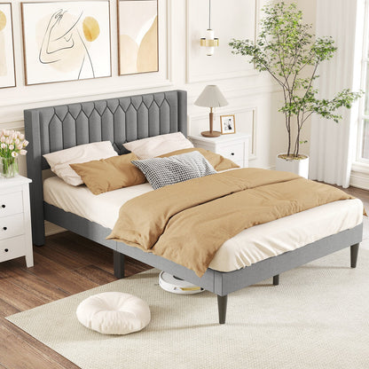 Queen Size Dutch Velvet/Linen Fabric Upholstered Platform Bed with Wingback Headboard and Wooden Slat Support-Beige