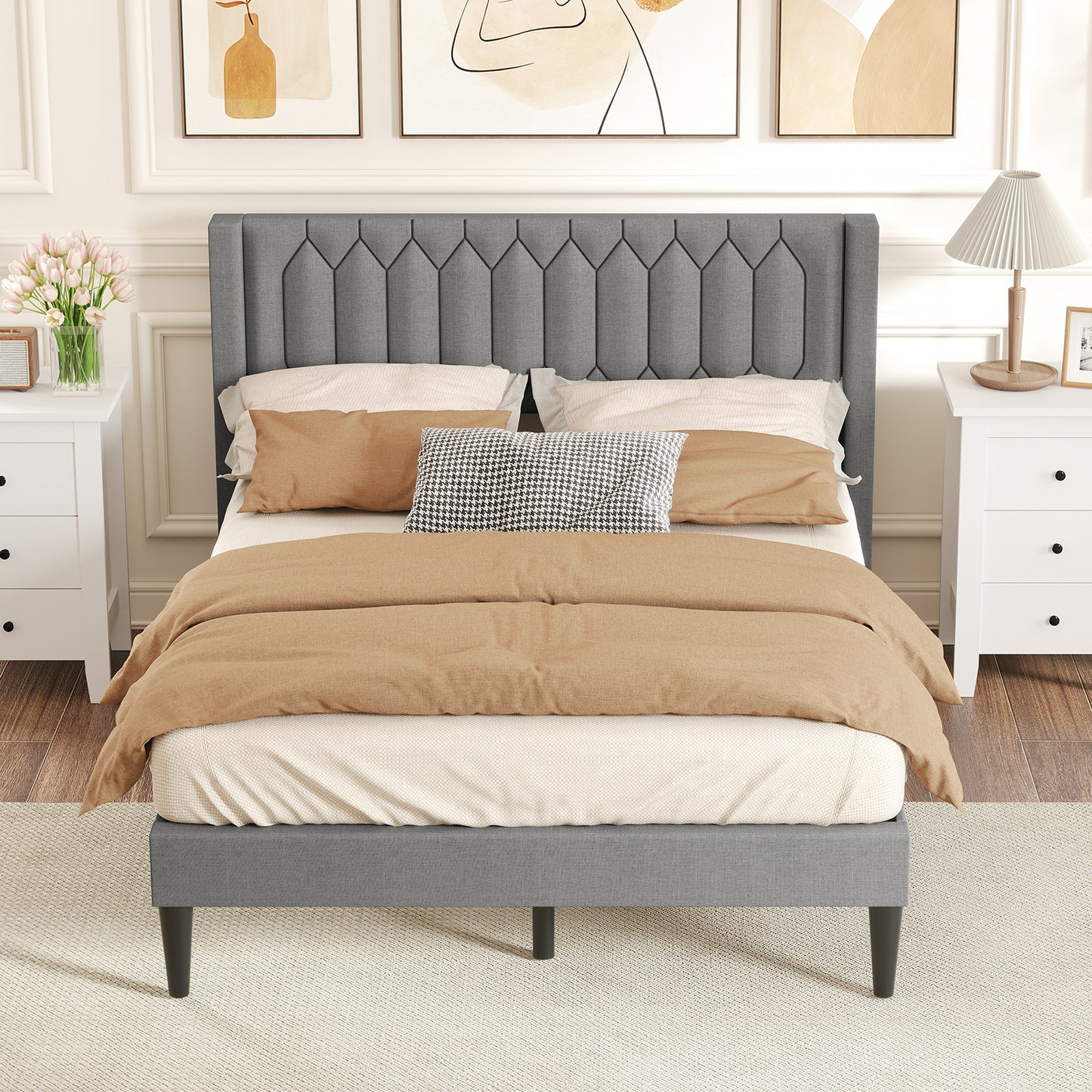 Queen Size Dutch Velvet/Linen Fabric Upholstered Platform Bed with Wingback Headboard and Wooden Slat Support-Beige