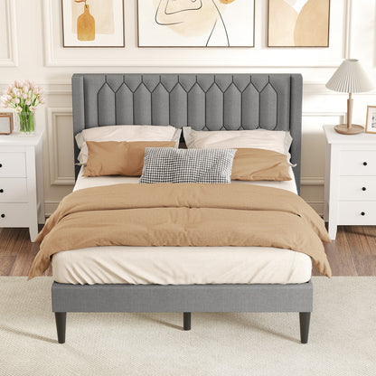 Queen Size Dutch Velvet/Linen Fabric Upholstered Platform Bed with Wingback Headboard and Wooden Slat Support-Beige
