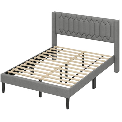 Queen Size Dutch Velvet/Linen Fabric Upholstered Platform Bed with Wingback Headboard and Wooden Slat Support-Beige
