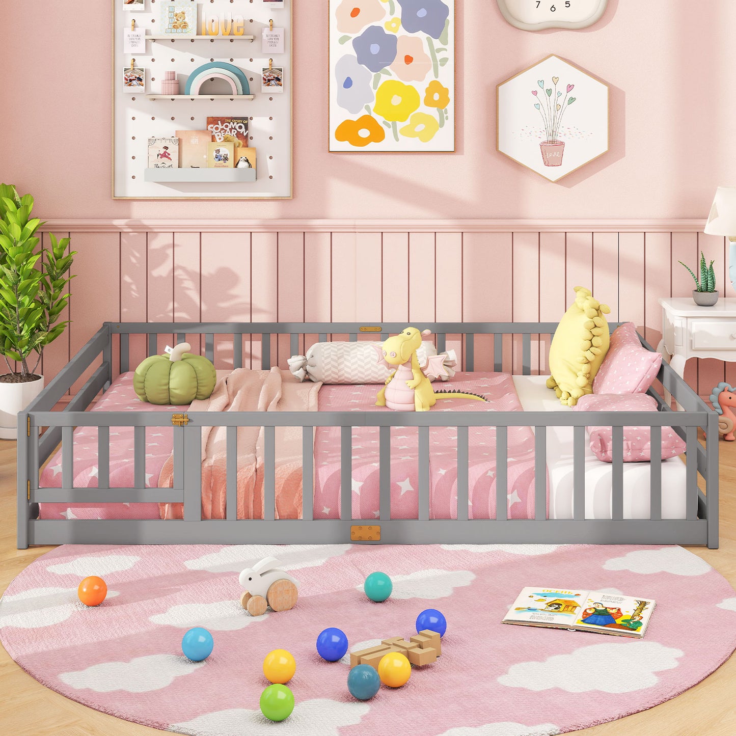 Queen Size Floor Bed Kids Montessori Bed Frame with Full Length Safety Guardrails-Dark Green