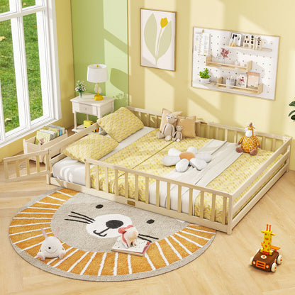 Queen Size Floor Bed Kids Montessori Bed Frame with Full Length Safety Guardrails-Dark Green