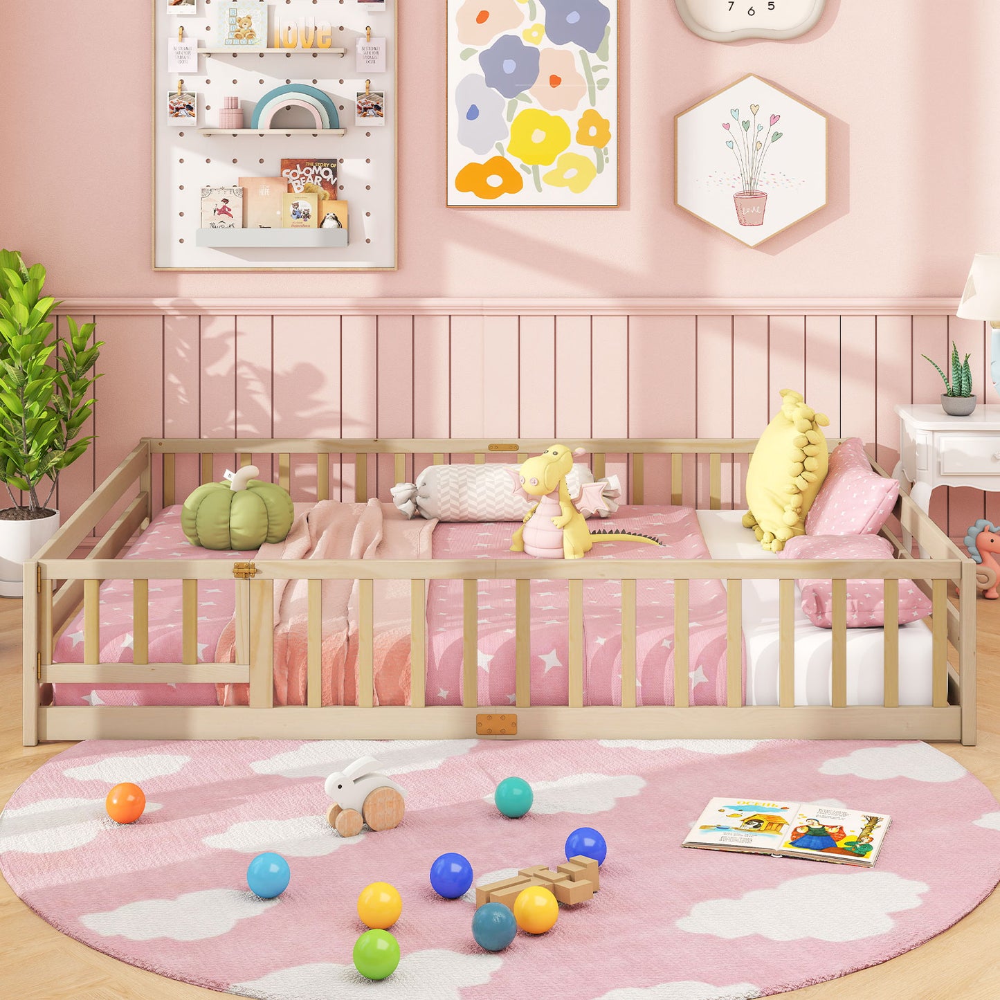 Queen Size Floor Bed Kids Montessori Bed Frame with Full Length Safety Guardrails-Dark Green